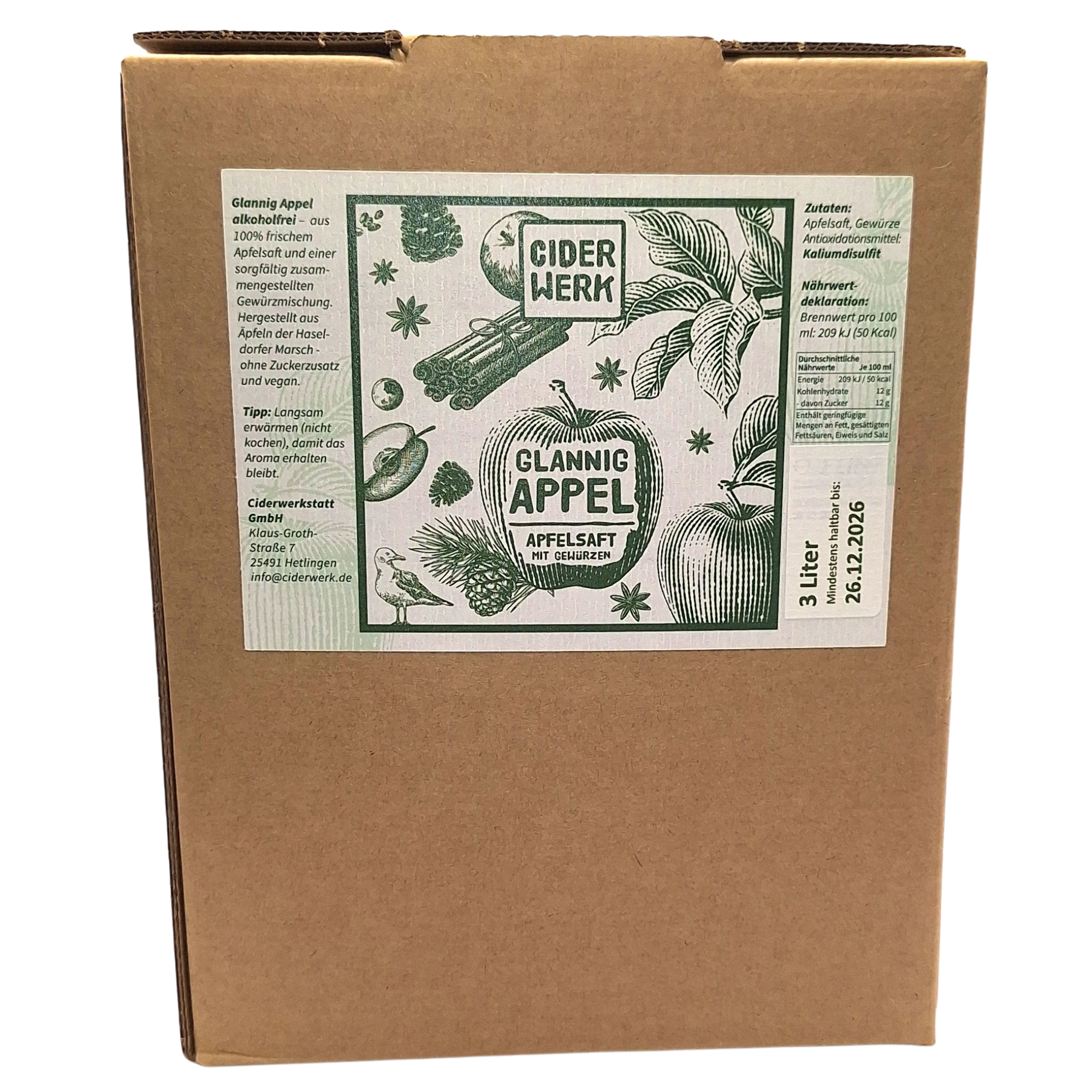 Ciderwerk Glannig Appel alkoholfreier Apfelpunsch 3 Liter Bag-in-Box